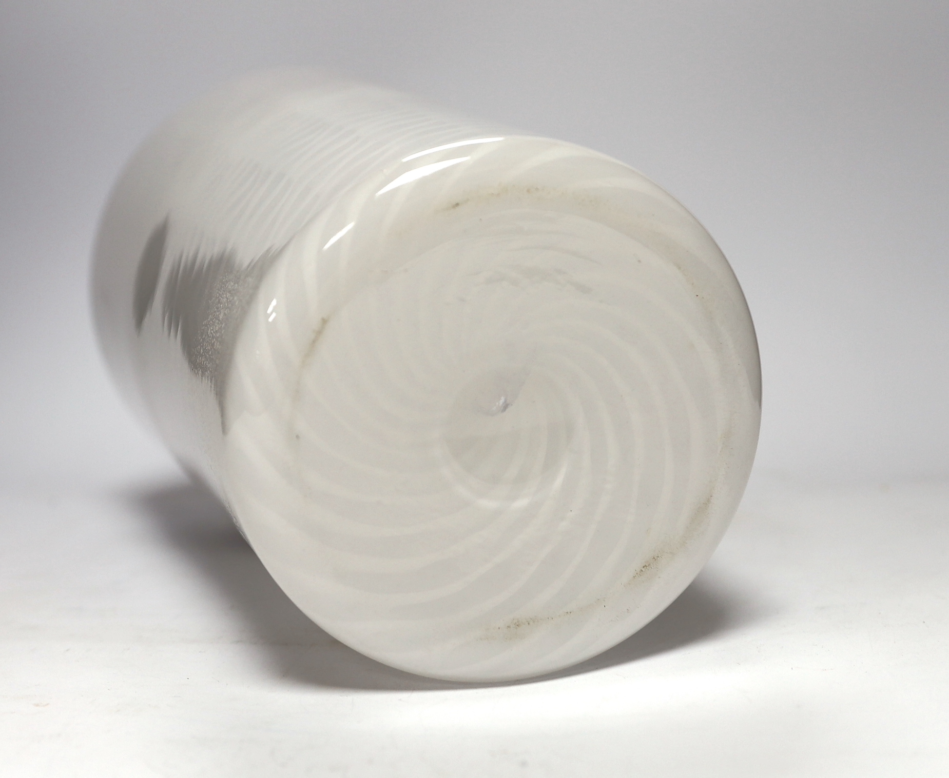 A Whitefriars ‘cloudy white lattice’ glass beaker vase, 30cm high